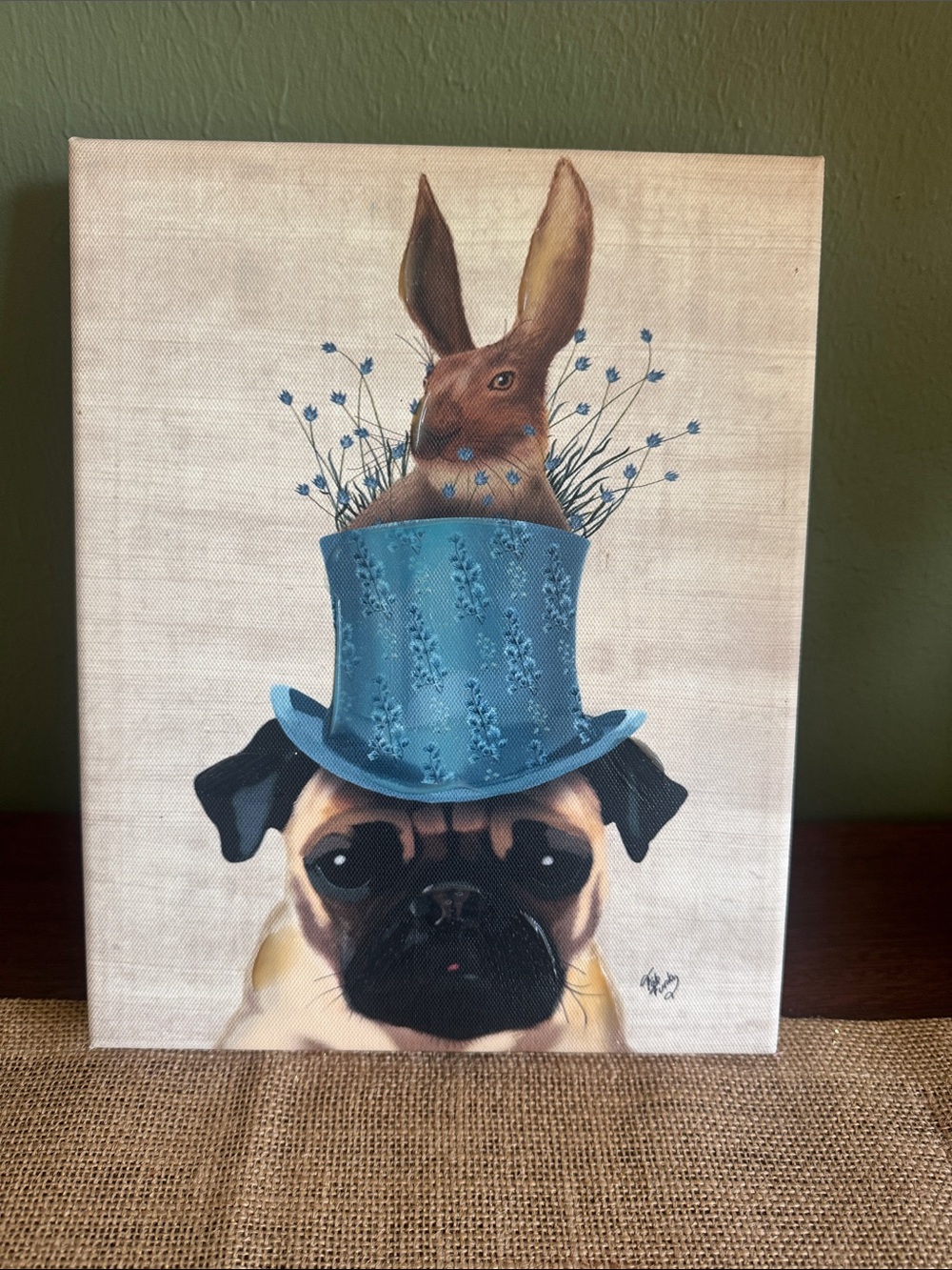 Fab Funky Blue Top Hat Pug & Rabbit Canvas Print